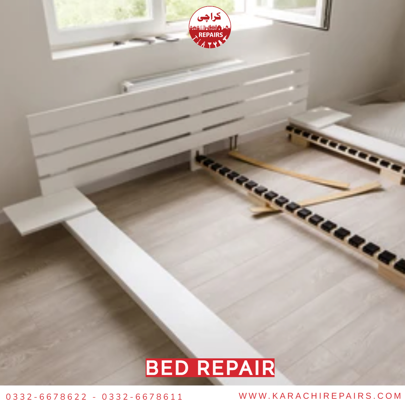 Expert carpenter reconstructing bed slats and load-bearing timber