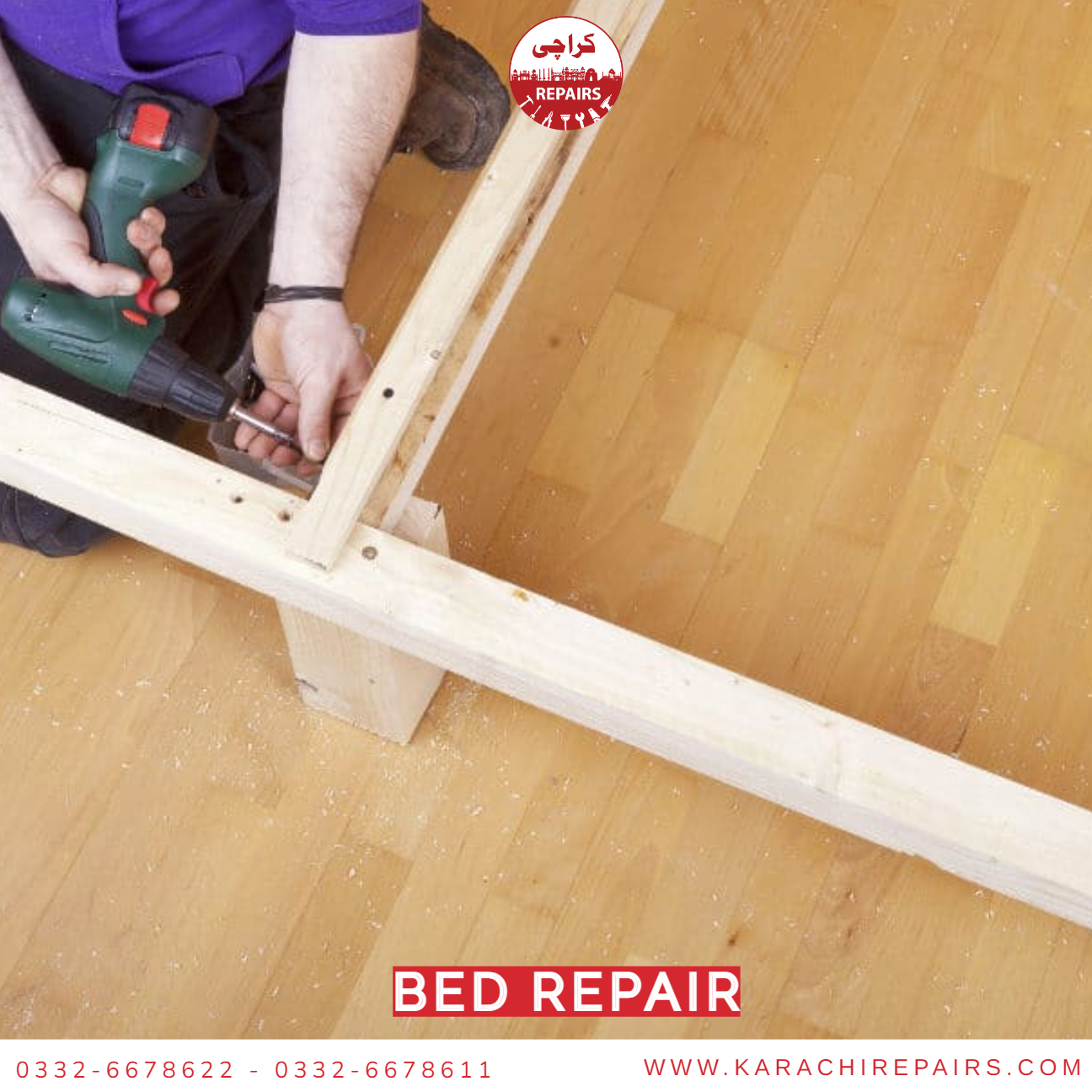 Carpenter repairing and reinforcing a wooden bed frame in Karachi