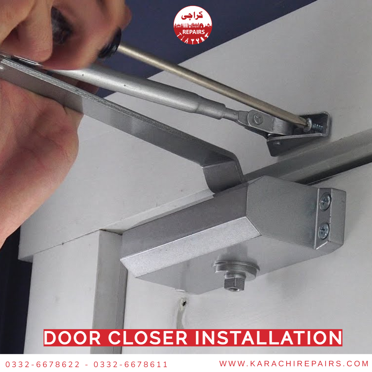 Expert carpenter installing an overhead hydraulic door closer in Karachi