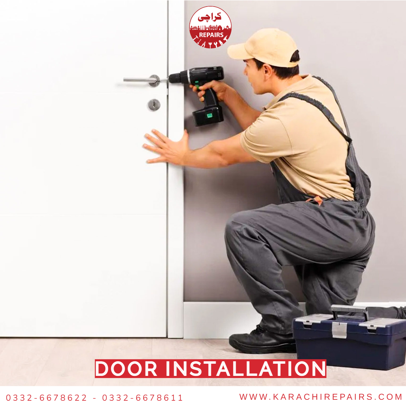 Carpenter precisely measuring and fitting a new wooden door in Karachi