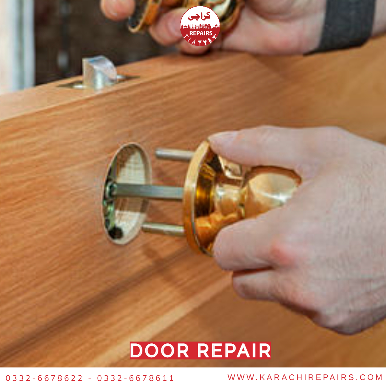 Carpenter repairing and reinforcing a wooden door frame in Karachi