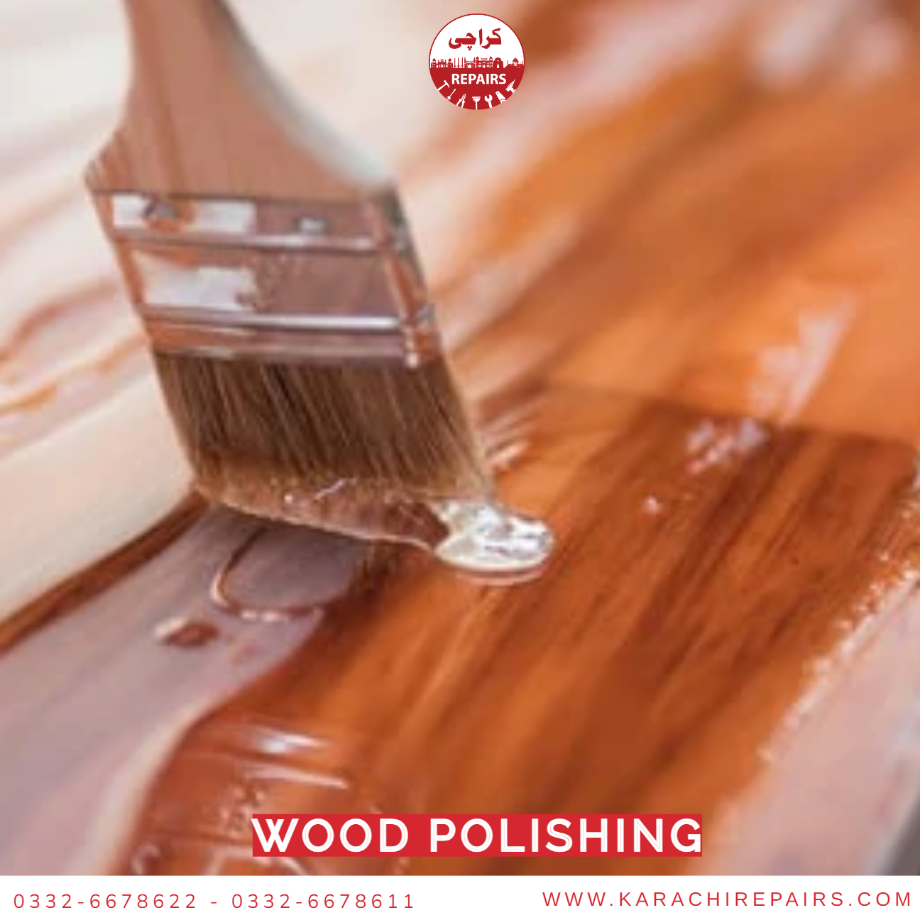 Expert carpenter applying a flawless wood polish and refinishing a table in Karachi