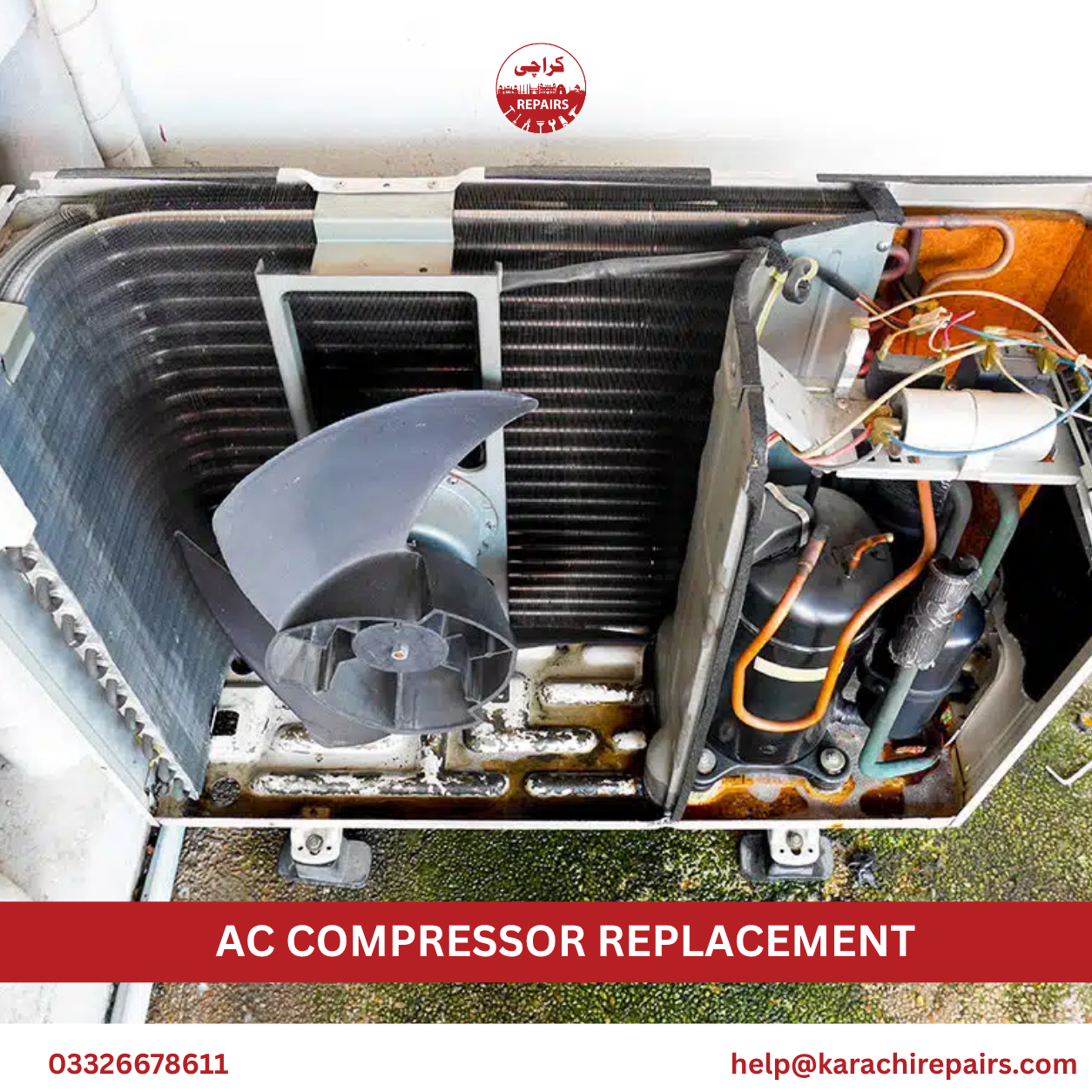 Worn out AC compressor unit showing signs of failure