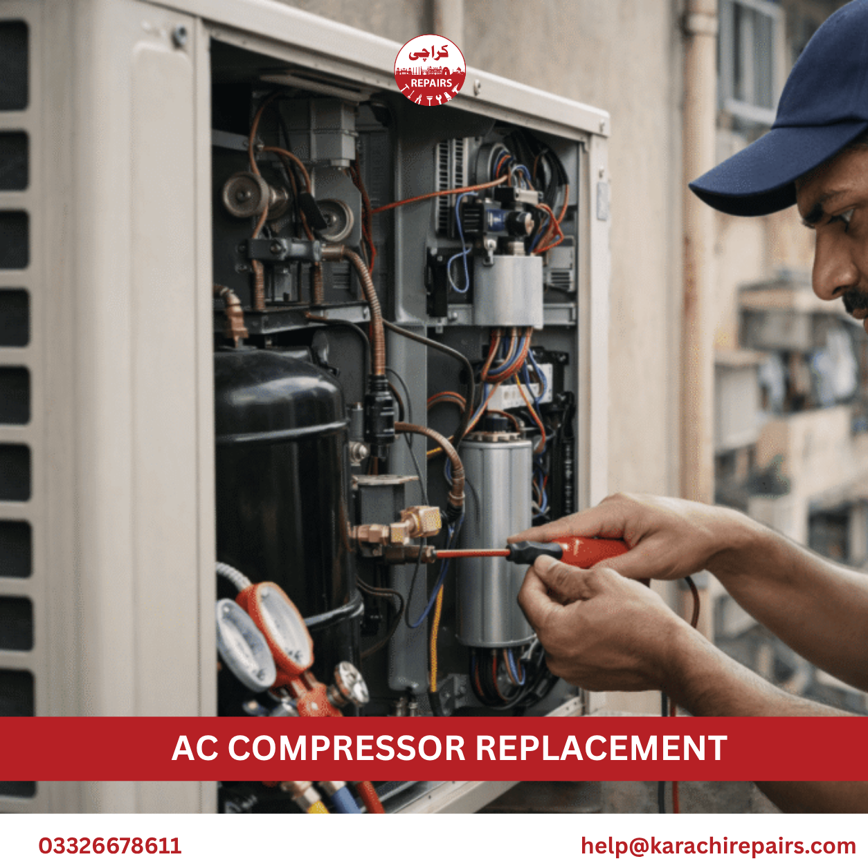 New AC compressor being installed by Karachi Repairs technician