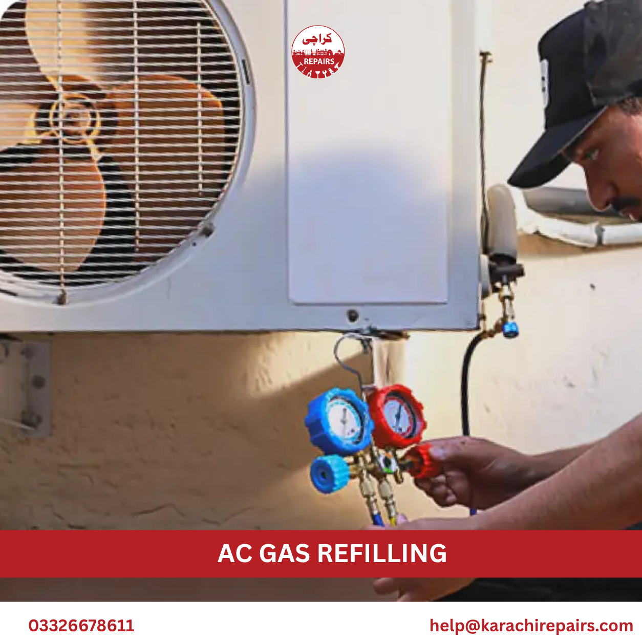 Karachi Repairs technician checking refrigerant pressure gauge during gas charging