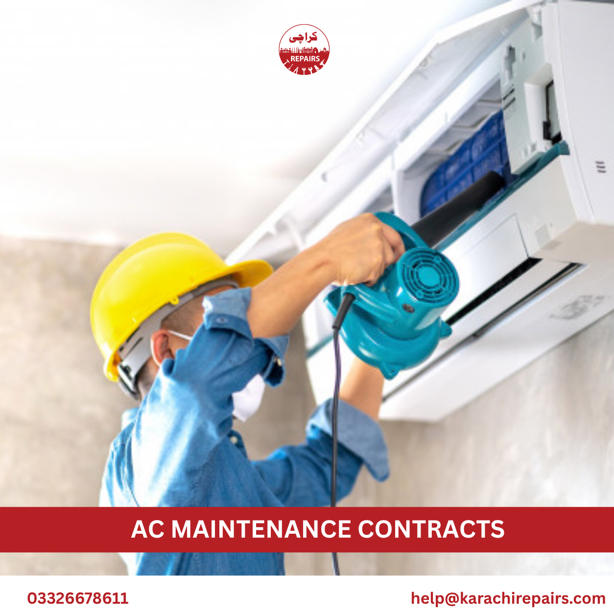 Technician reviewing maintenance schedule and service records for AC contract customer