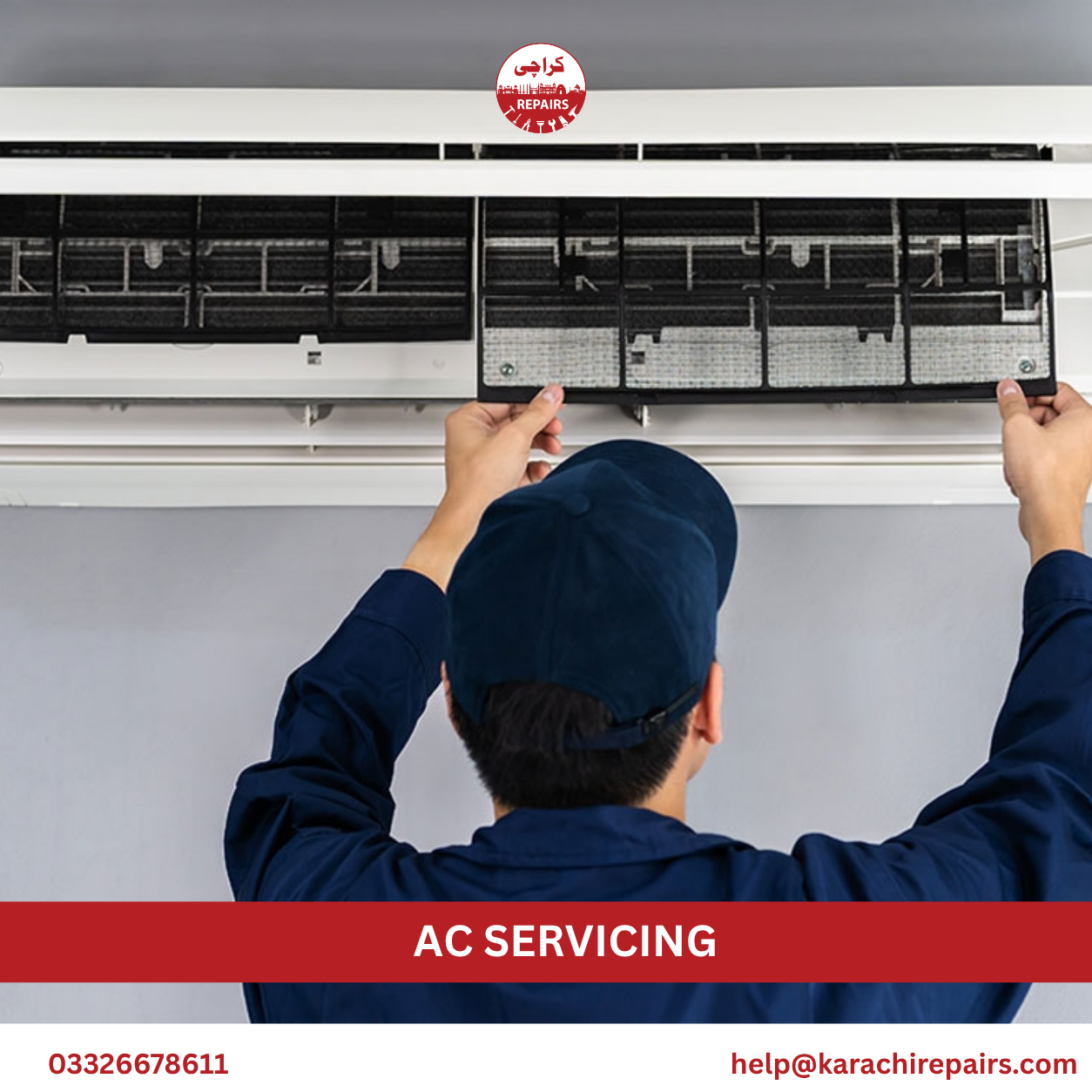 Technician checking AC filter and refrigerant pressure during servicing