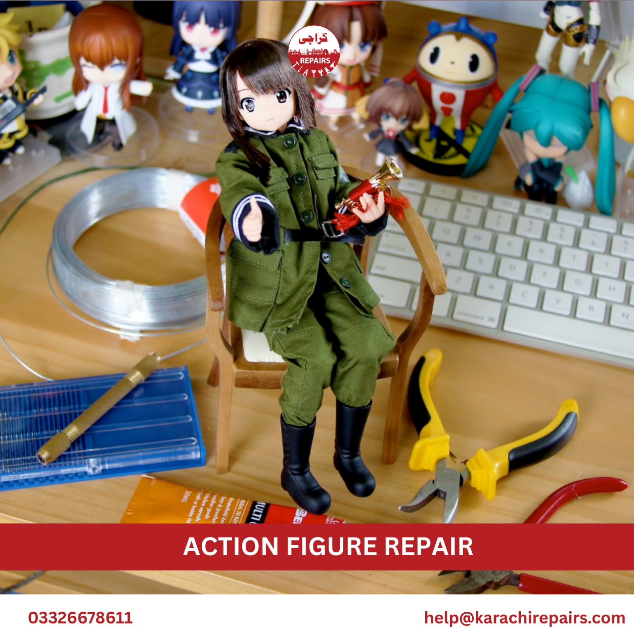 Broken action figure with snapped arm and loose joints before repair