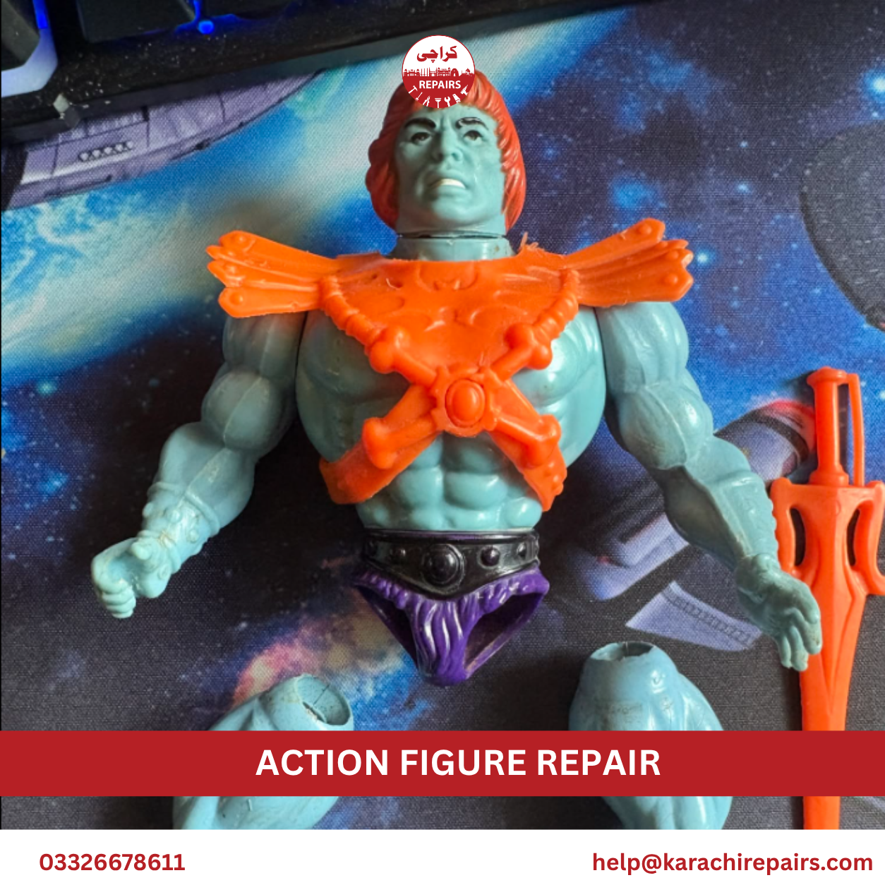Restored collector action figures on display after repair by Karachi Repairs