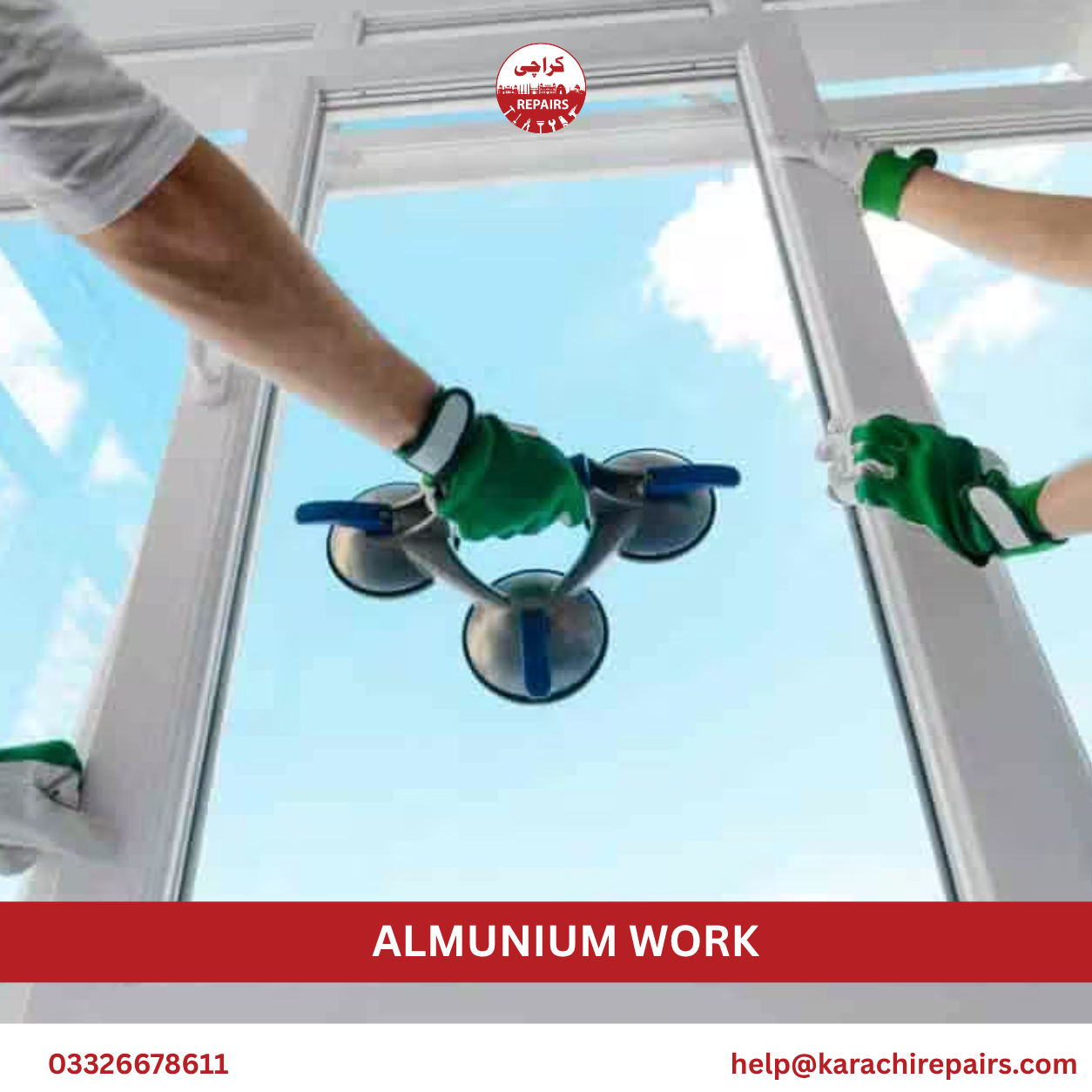 Aluminum work technician installing sliding window in Karachi
