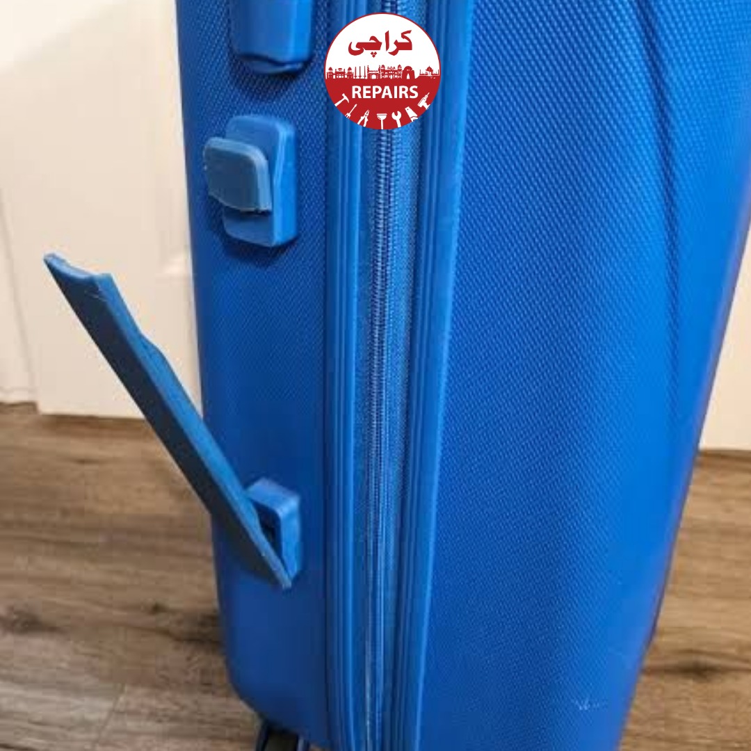 Expert repair technician installing new polyurethane wheels and aluminum handles on luggage