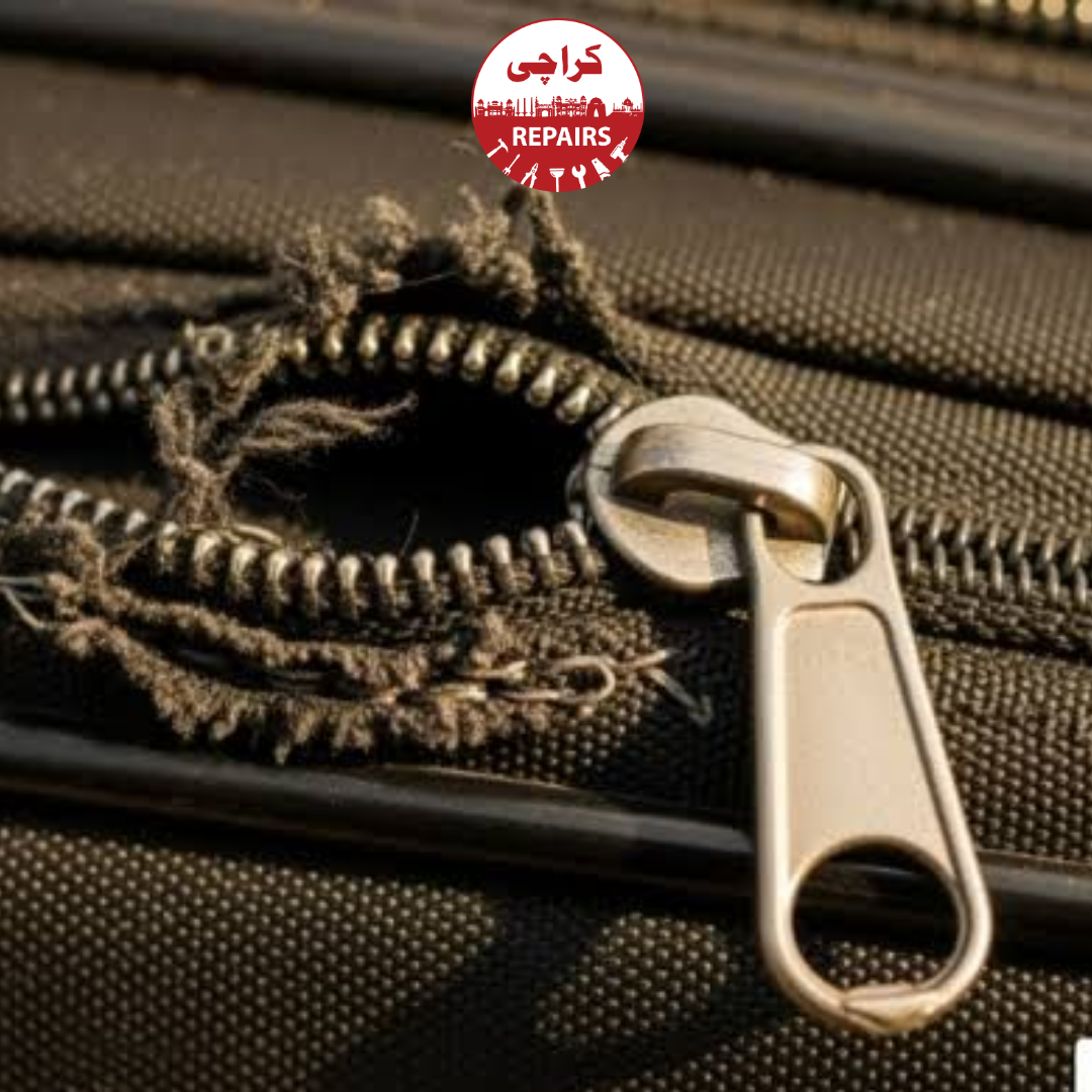 Tailor using industrial sewing machine for bag zip repair and strap stitching