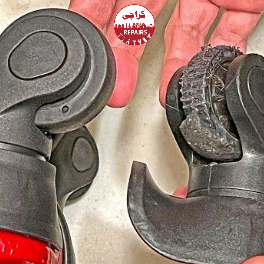 Expert repair technician installing new polyurethane wheels with steel ball bearings
