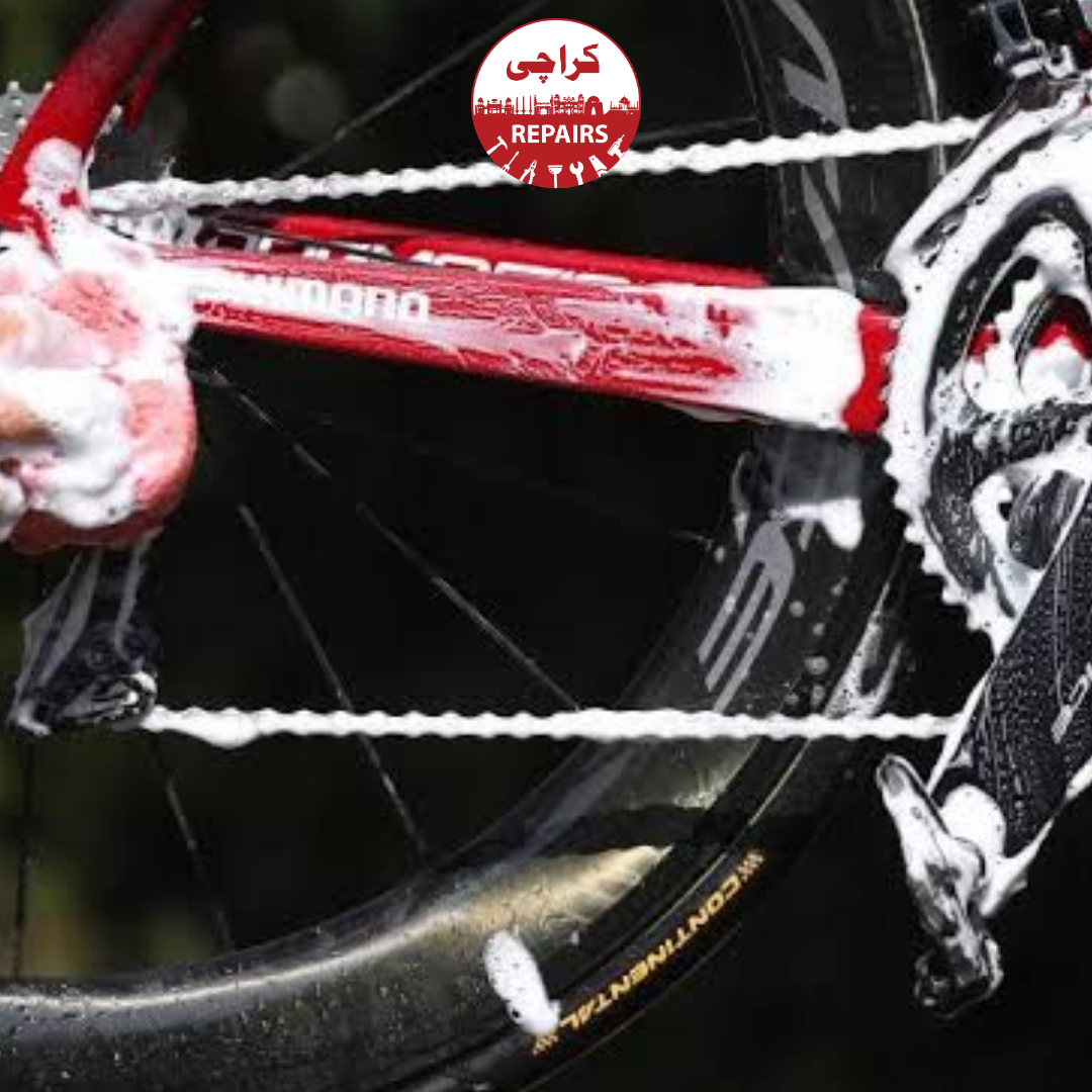Different types of bicycles including mountain bikes and e-bikes getting a professional wash in Karachi