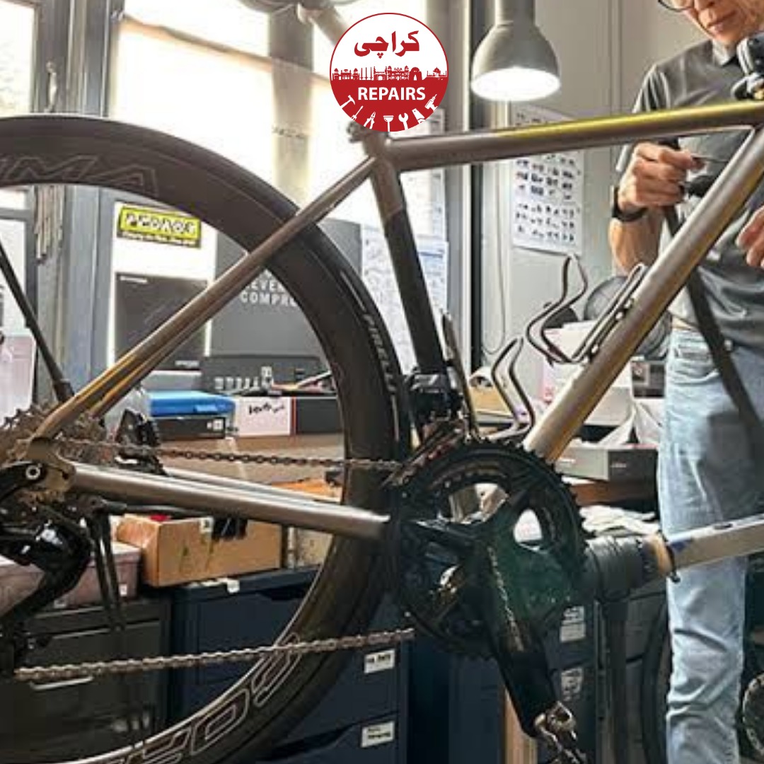 Various types of bicycles including mountain bikes and kids bikes getting a full service in Karachi