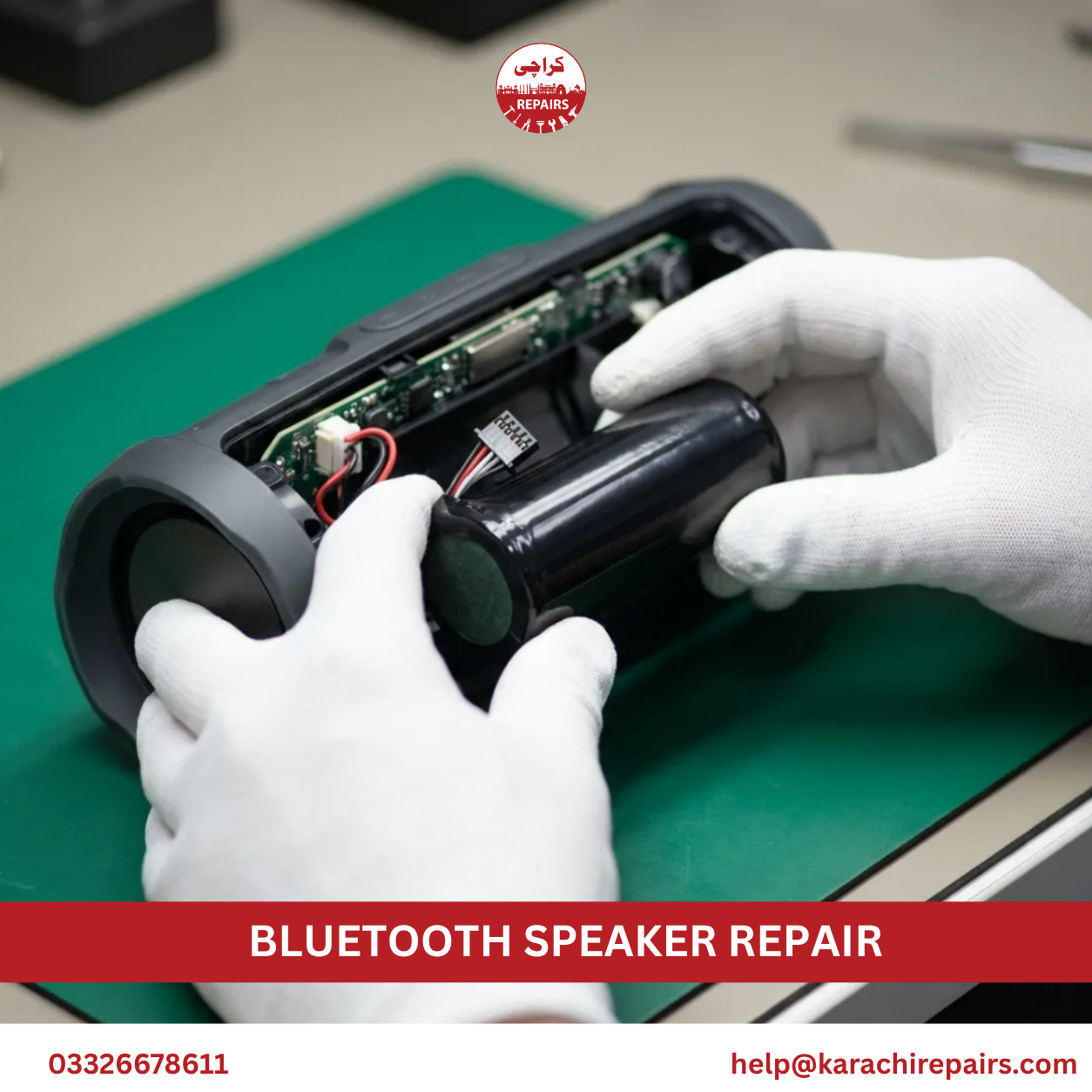 Water damaged Bluetooth speaker board being cleaned by technician