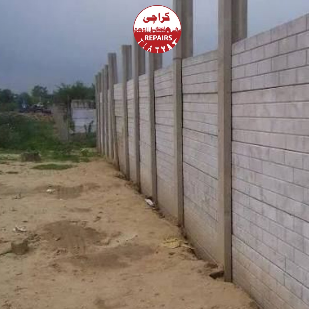 Various types of precast slabs, solid concrete blocks, and brick boundary walls constructed in Karachi
