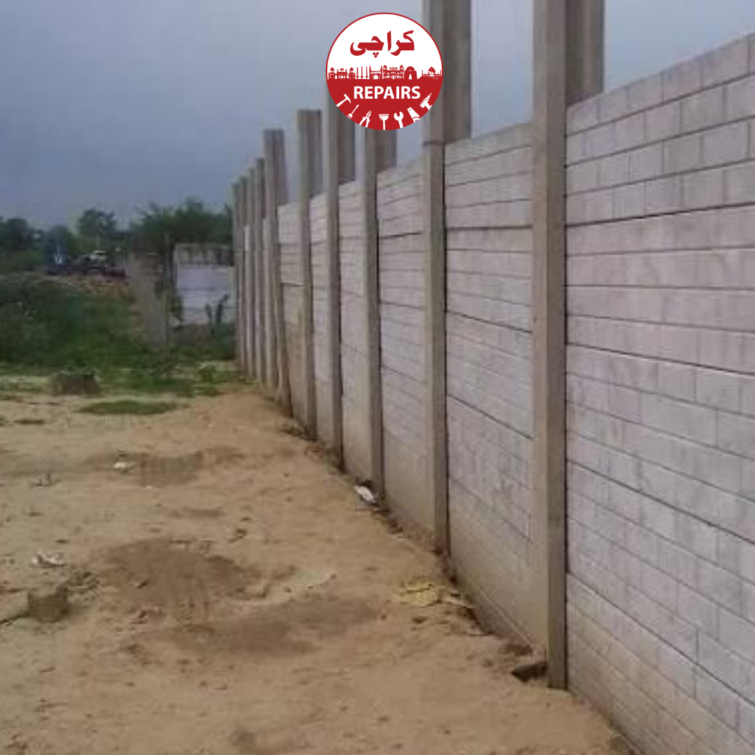 Engineers inspecting steel rebar frameworks for a high boundary wall foundation in Karachi