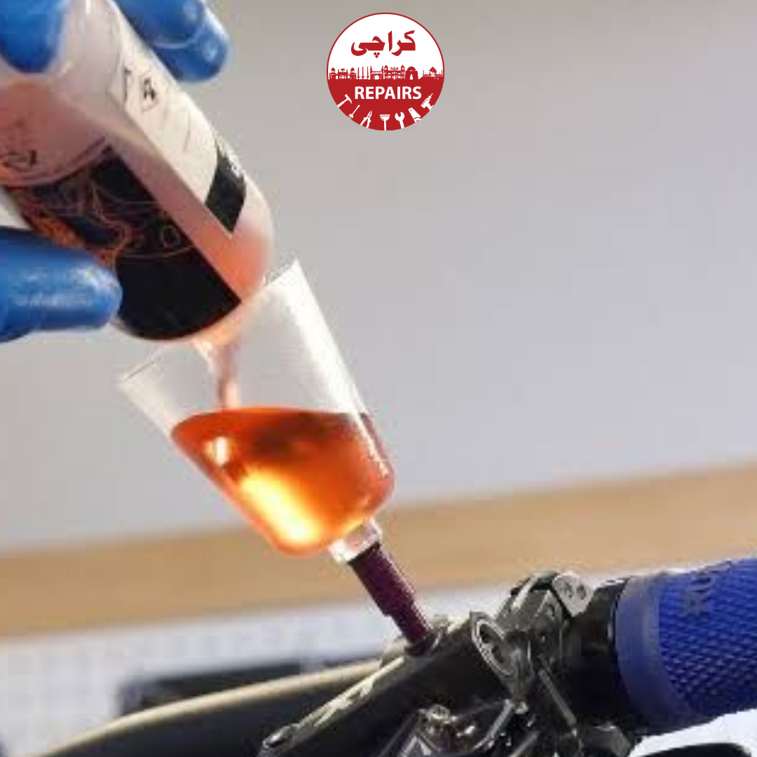 Various types of bicycle hydraulic brakes including Shimano and SRAM systems being bled in Karachi