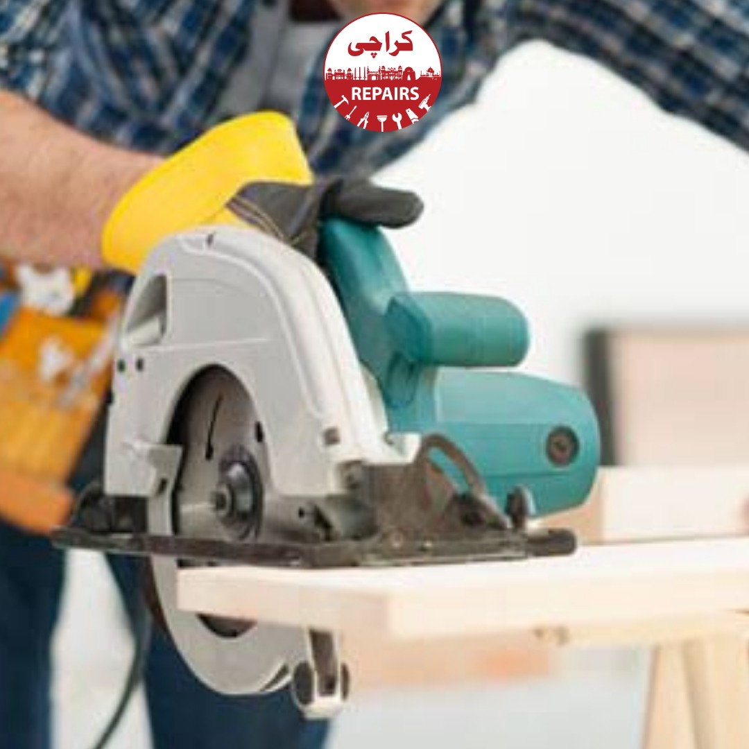 Carpenter assembling furniture and fixing wooden joints at home