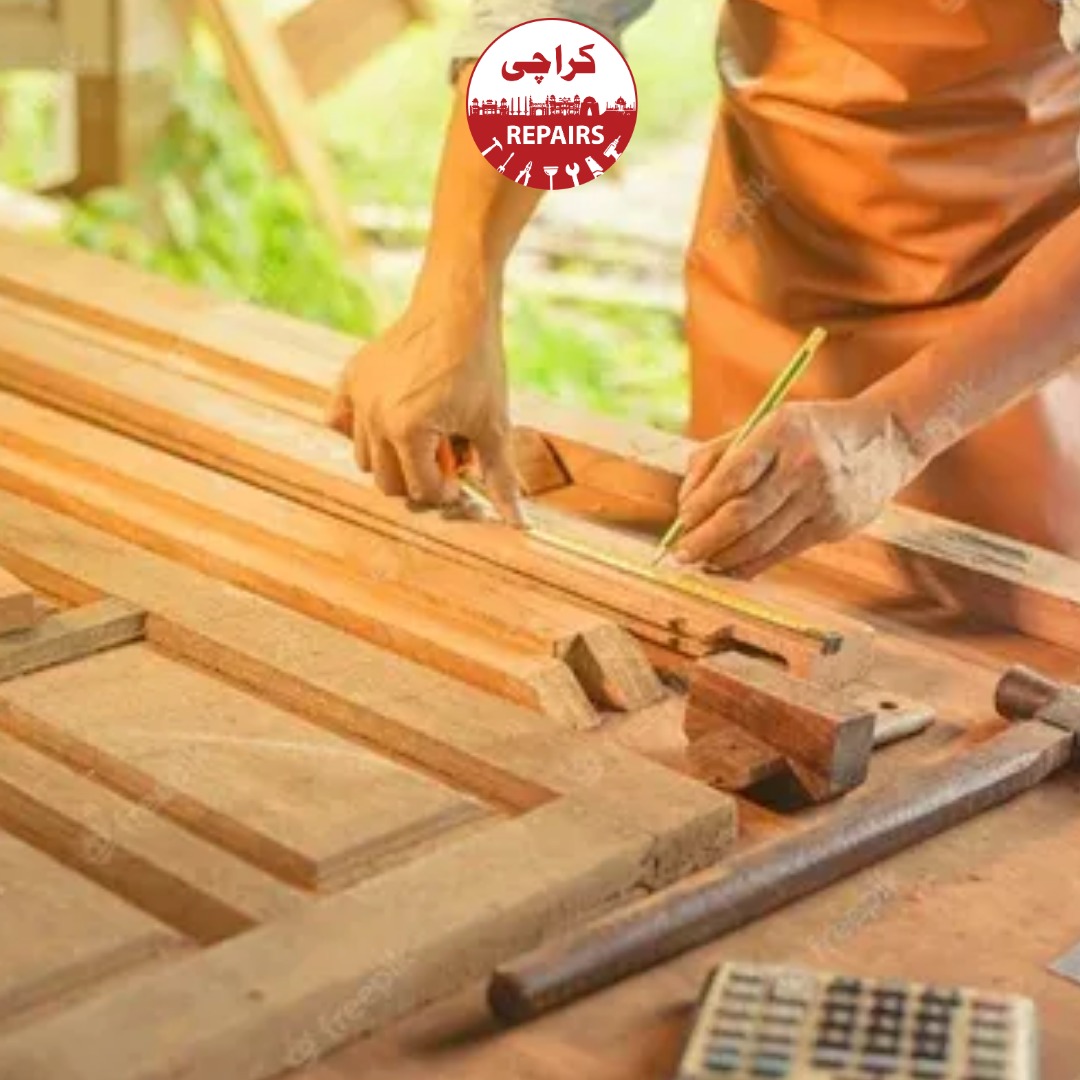 Carpenter using professional tools to repair a wooden frame in Karachi