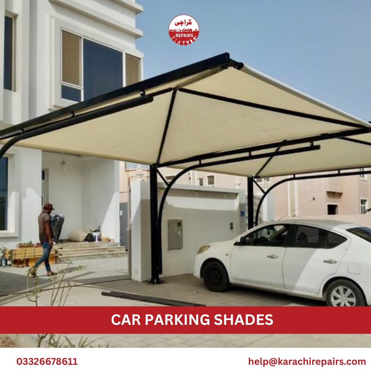 Steel car parking shades with sloped roof for multiple cars