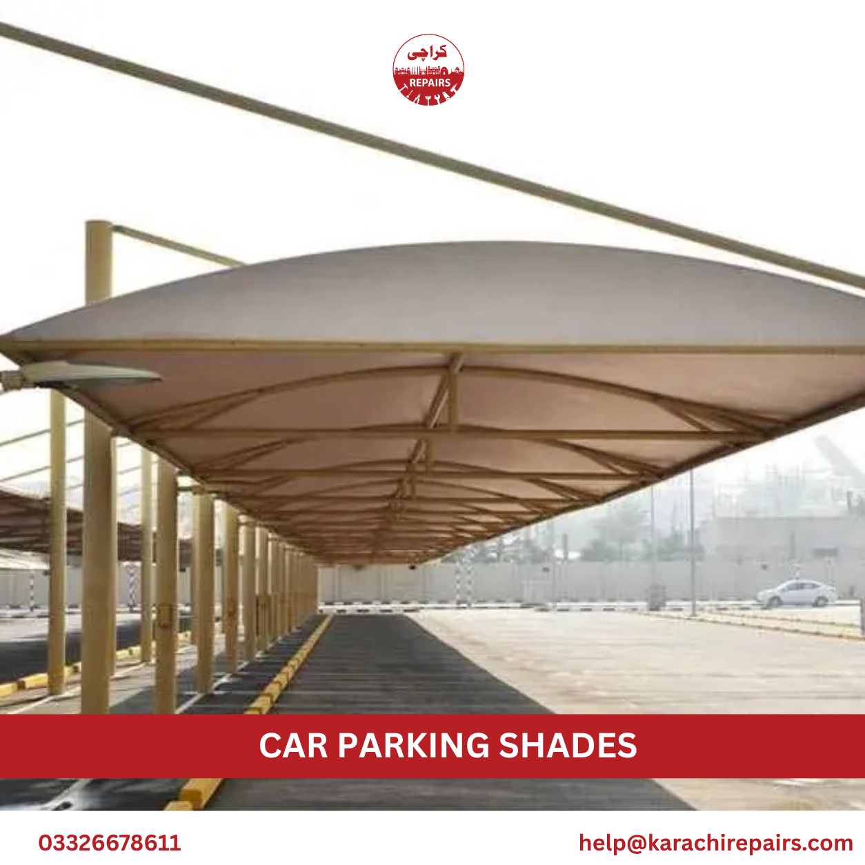 Large car parking shades fabricated by Karachi Repairs