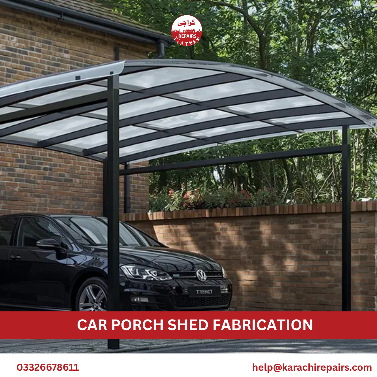 Steel frame car porch shed installed at a house in Karachi