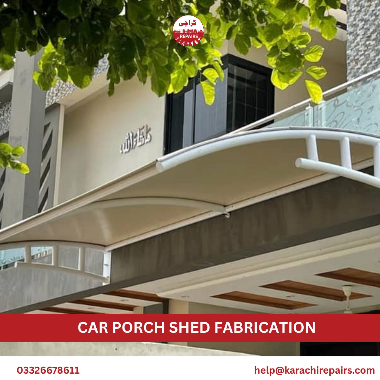 Finished car porch shed fabrication with polycarbonate roof in Karachi