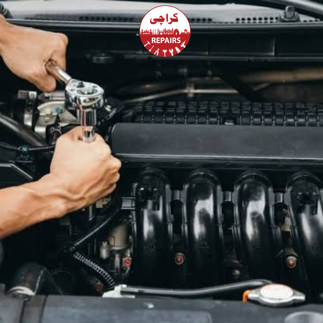 Auto mechanic performing engine diagnostics and repair in Karachi