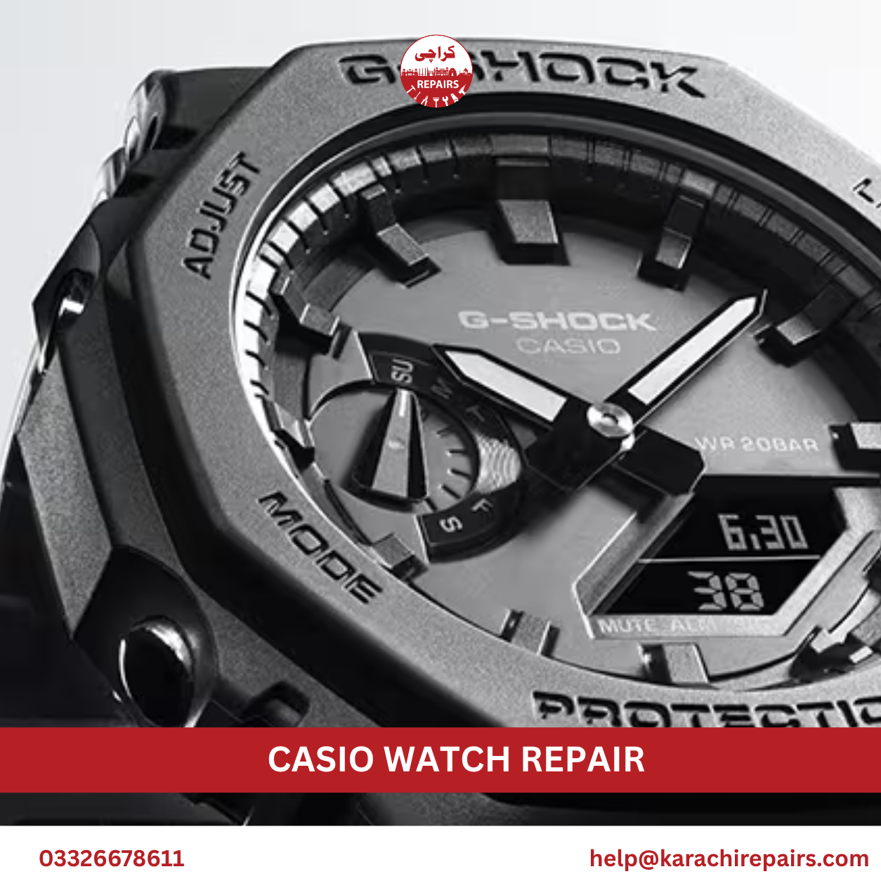 Technician repairing a Casio digital watch module in Karachi