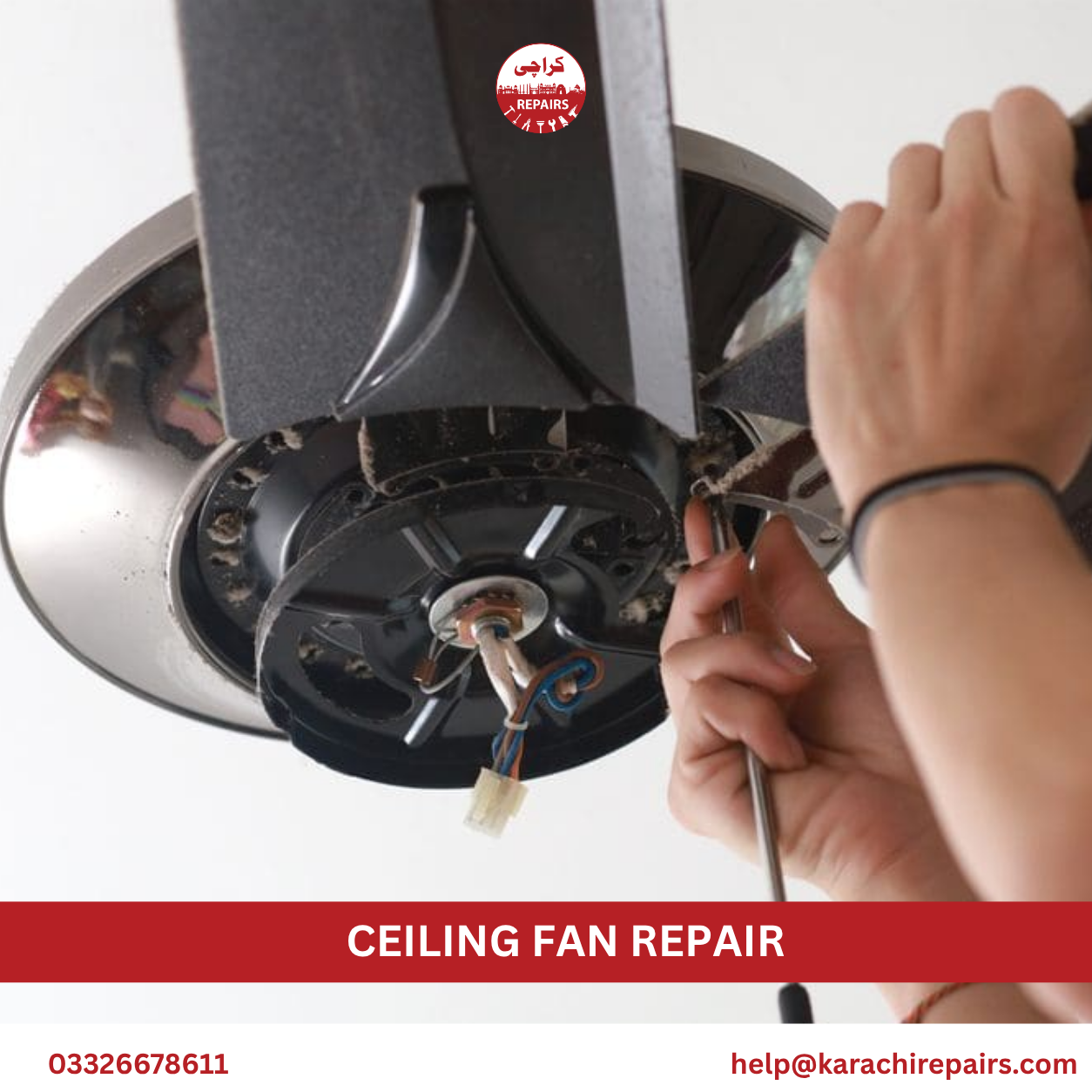 Technician doing ceiling fan repair at a home in Karachi
