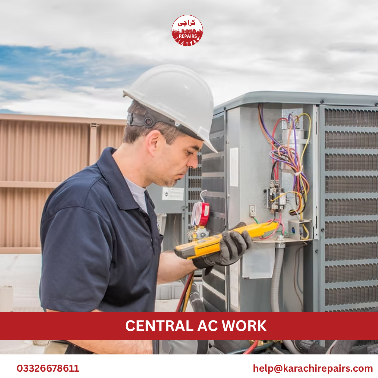 Technician servicing central AC unit in Karachi
