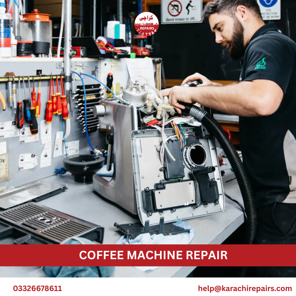 Technician doing coffee machine repair in Karachi