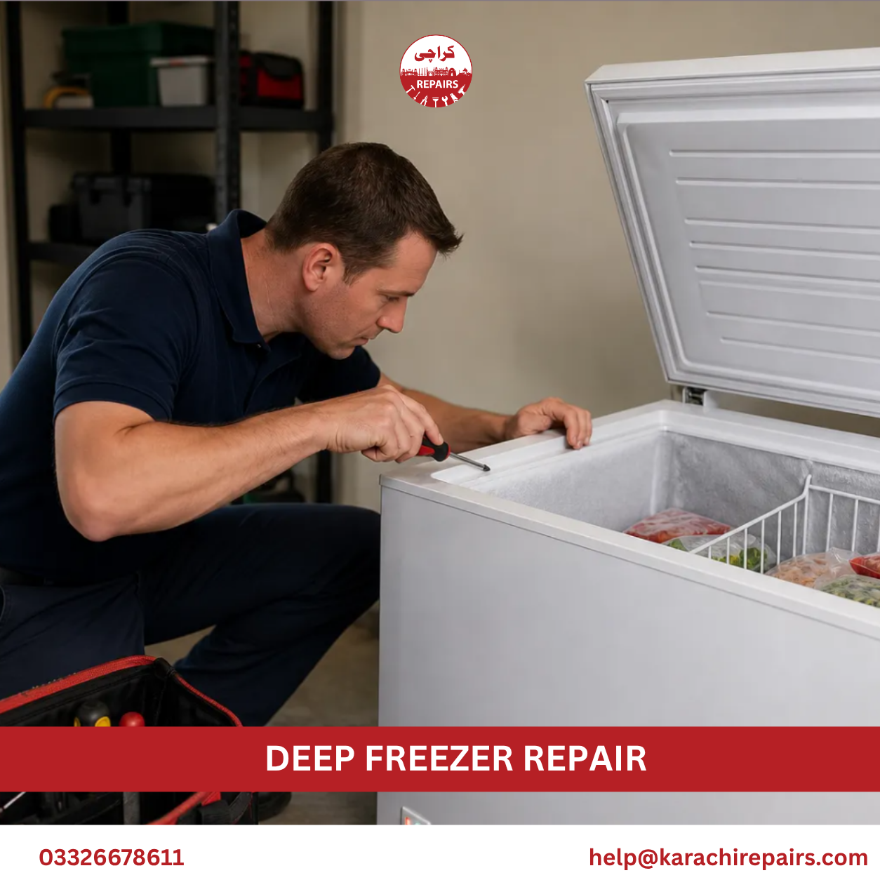 Karachi Repairs technician checking deep freezer thermostat and seal