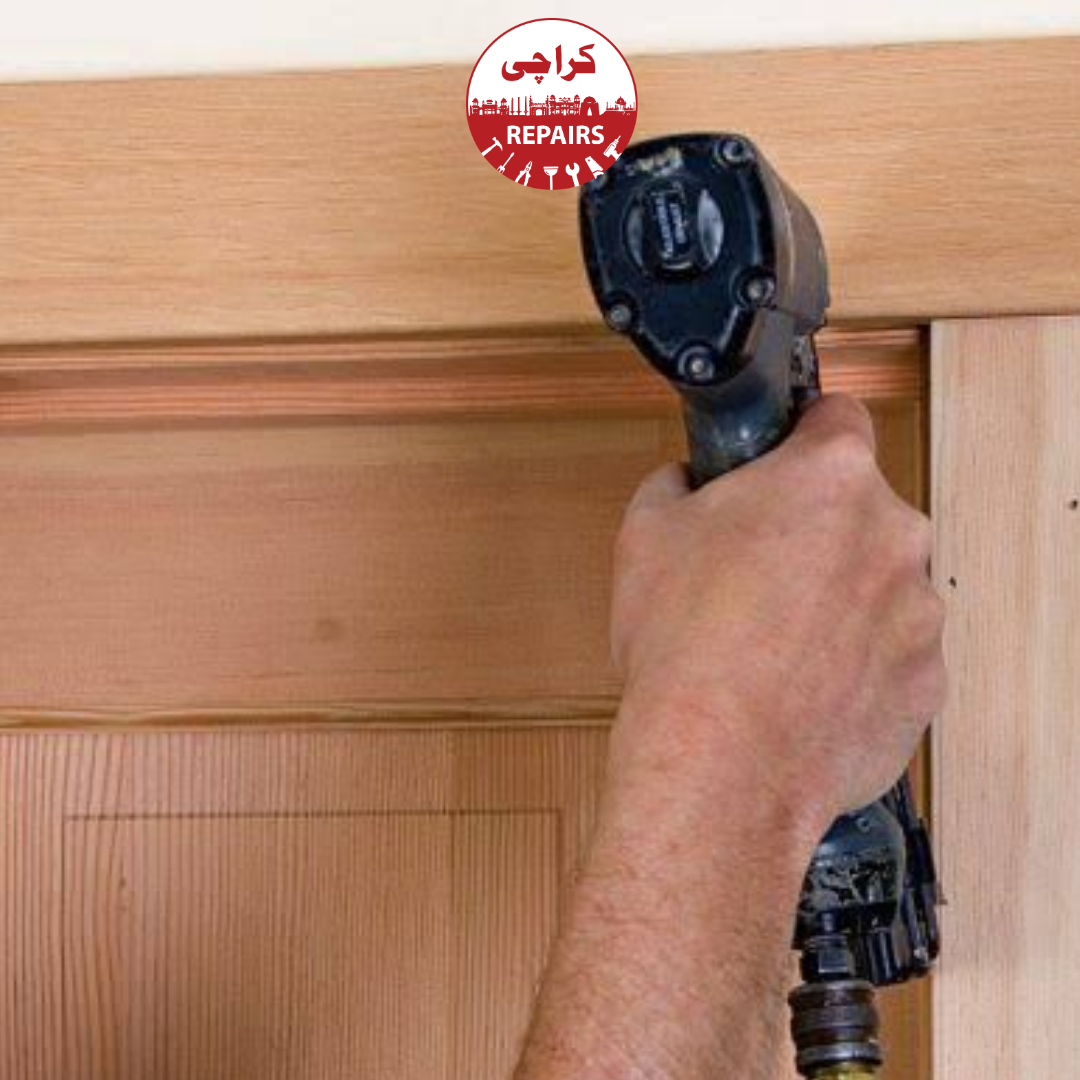 Expert carpenter measuring and planning door clearance over new carpets
