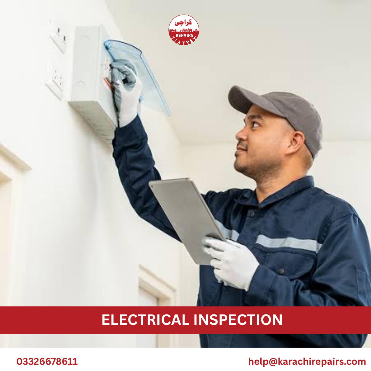 Electrician testing a distribution board during an inspection in Karachi