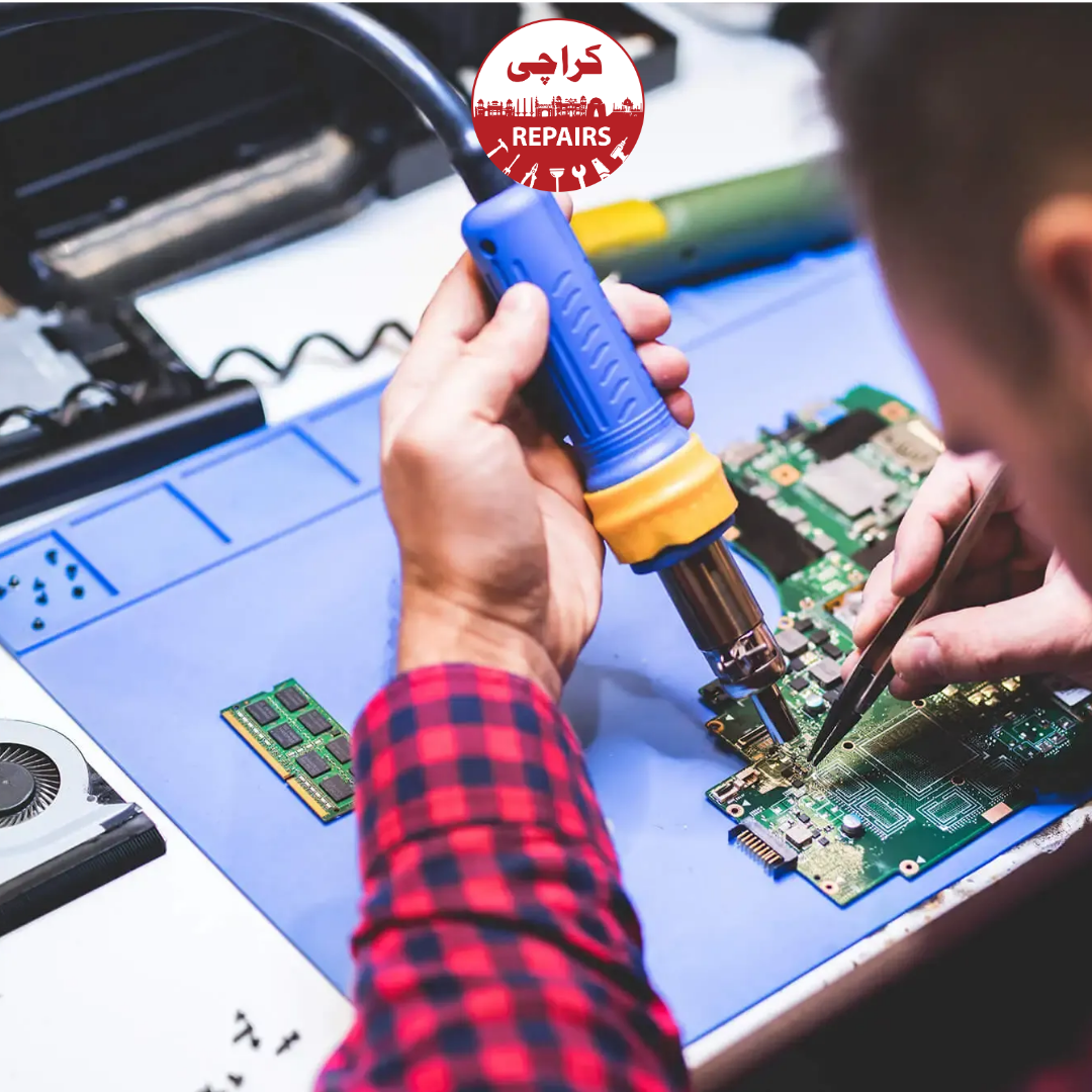 Electronic engineer soldering a circuit board in Karachi