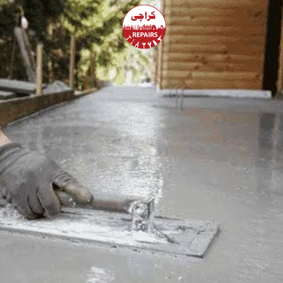 Expert mason aligning floor screed thickness using precision aluminum straight-edges