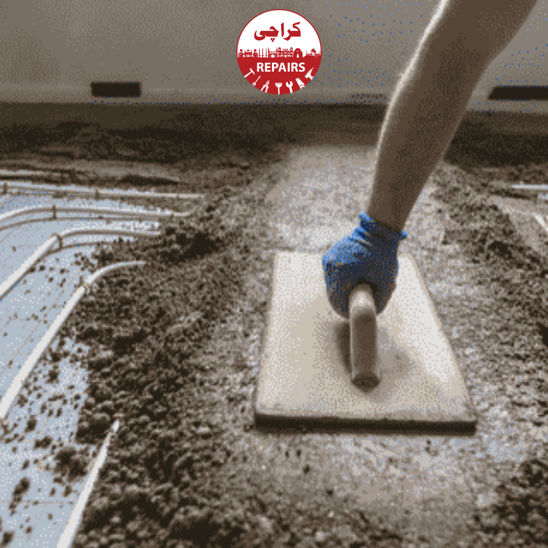 Various types of semi-dry sand-cement screeds and liquid self-leveling compounds applied in Karachi