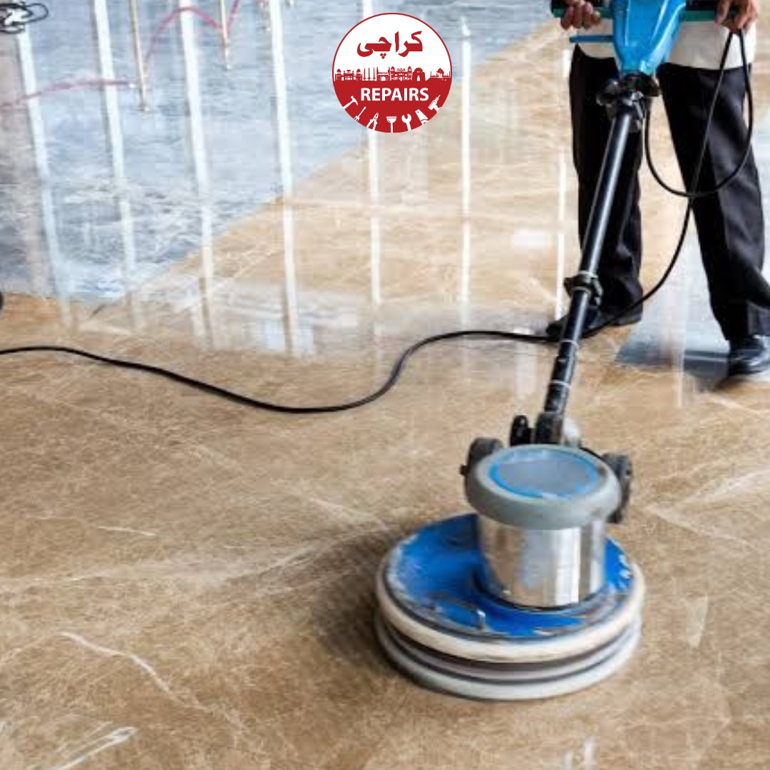 Various types of flooring including wooden laminates and marble tiles being repaired in Karachi