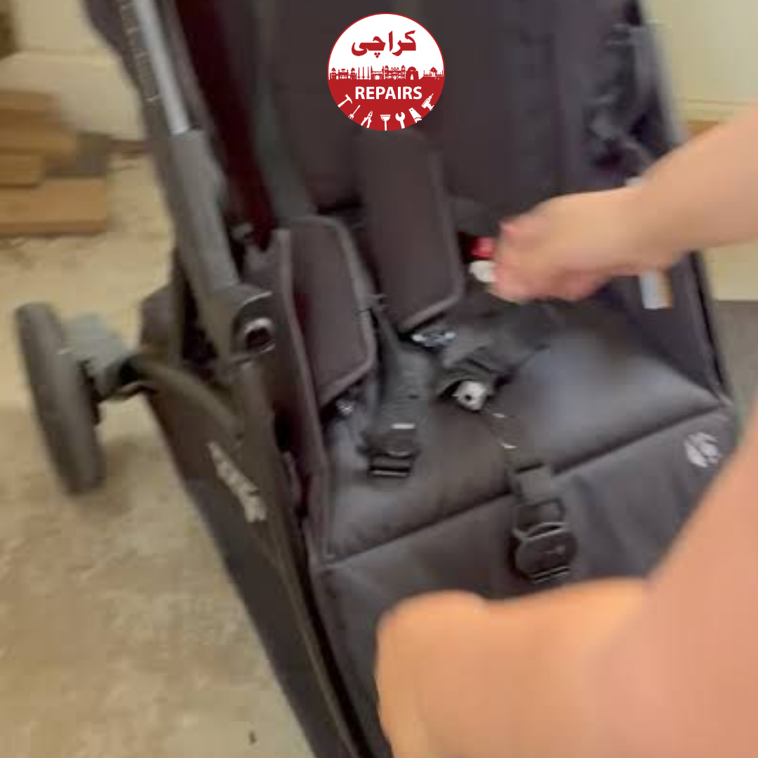 Various types of baby strollers including travel buggies and double prams being repaired in Karachi