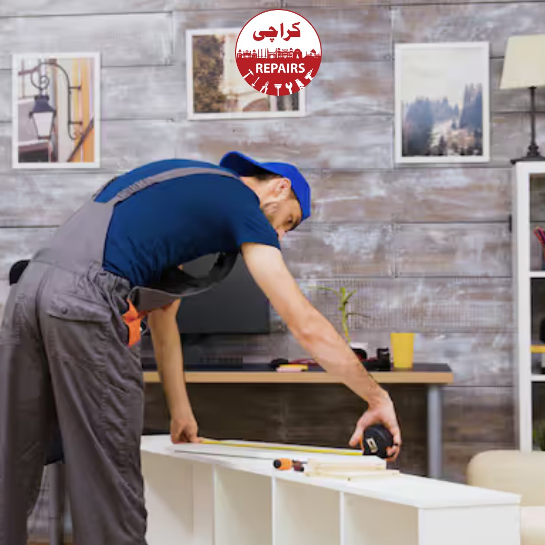 Expert carpenter using power tools to construct modular office desks