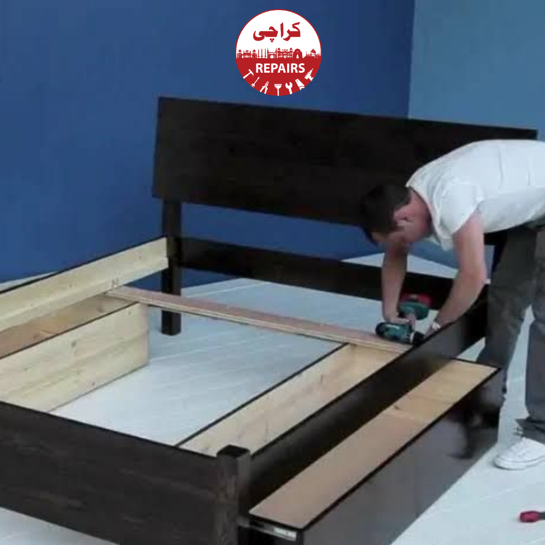Expert carpenter reconstructing bed slats and load-bearing timber on furniture