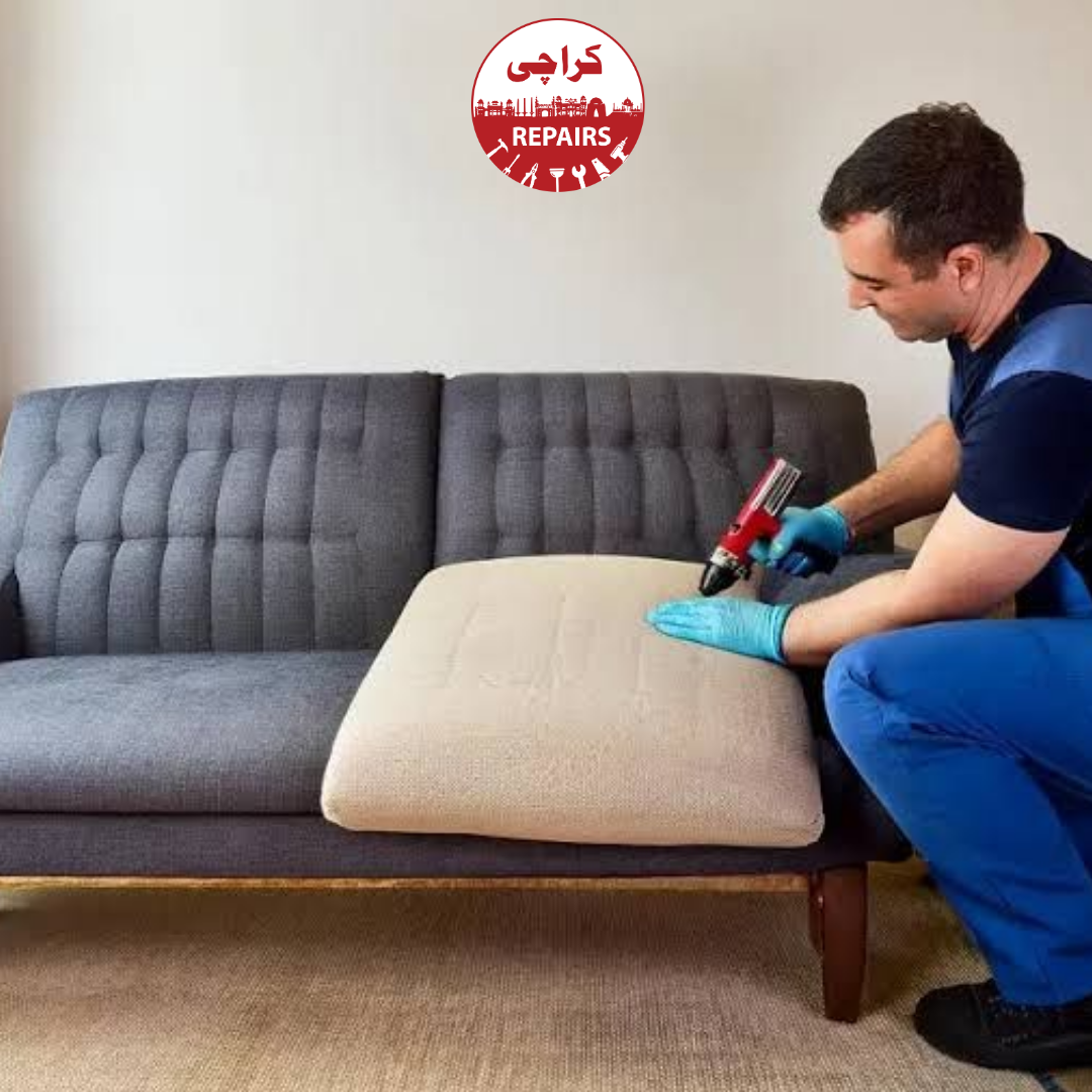 Carpenter repairing and reinforcing a wooden bed and sofa frame in Karachi