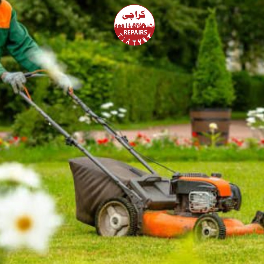 Expert gardener using a lawnmower to cut overgrown grass safely in Karachi