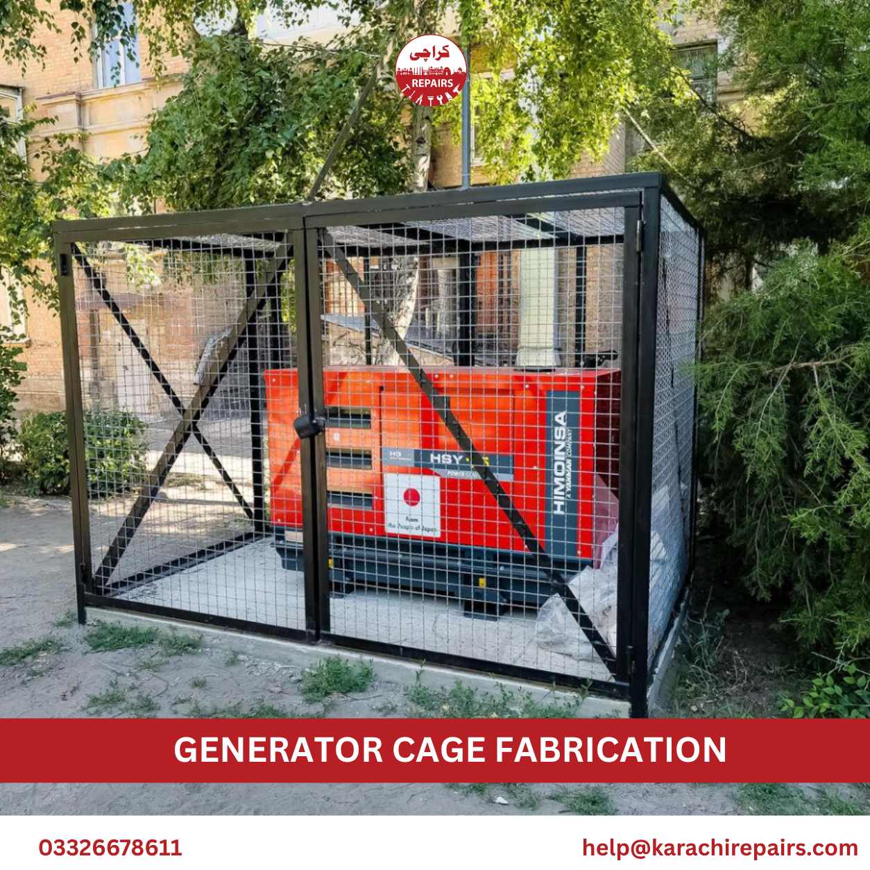 Finished generator cage fabrication with weatherproof roof by Karachi Repairs