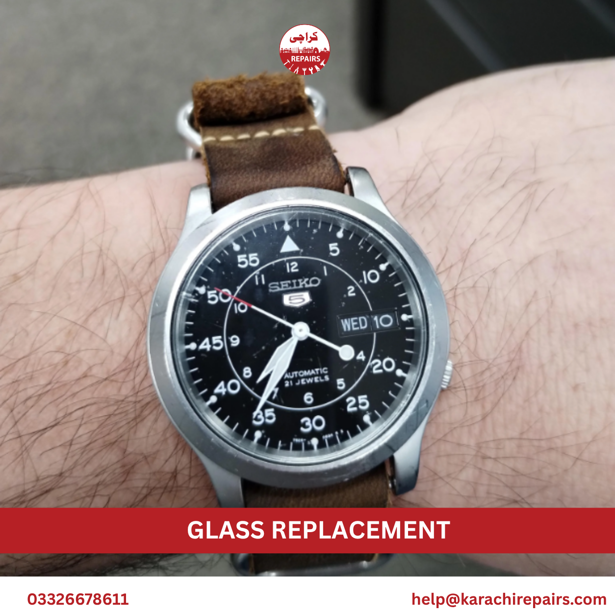 Technician fitting new watch crystal at Karachi Repairs