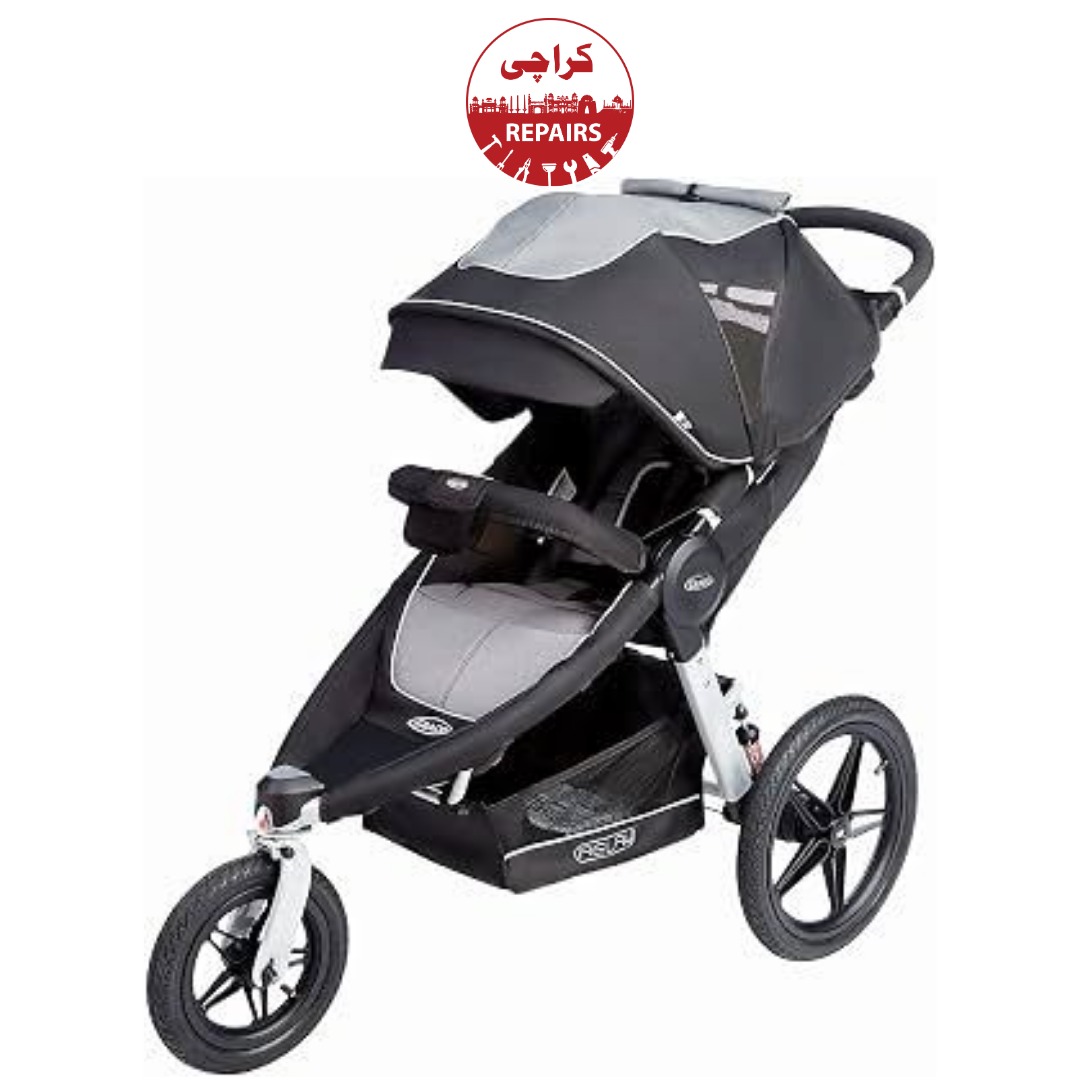 Expert mechanic fixing the folding strap mechanism on a Graco baby stroller in Karachi
