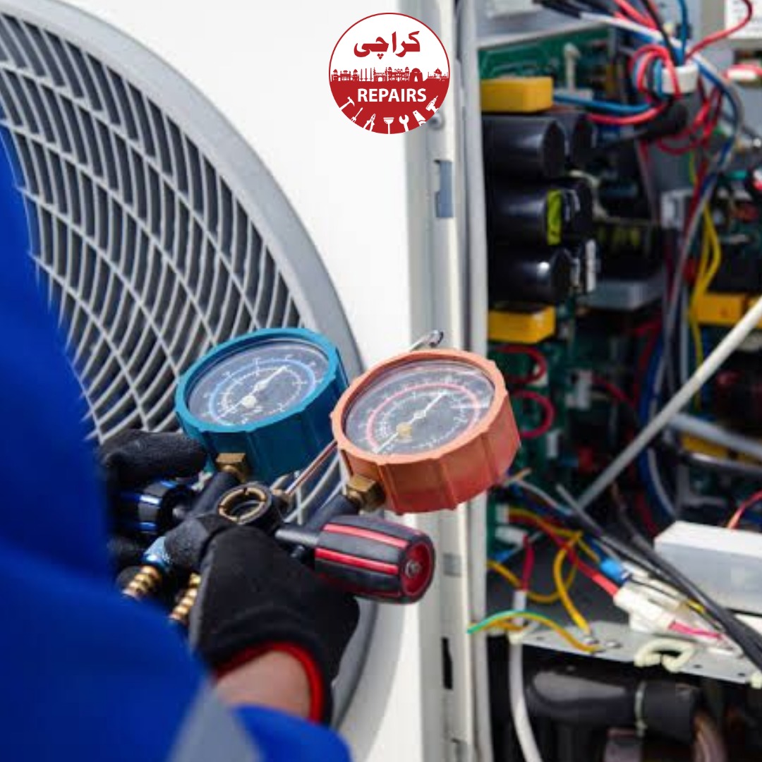 HVAC expert checking refrigerant gas levels with a manifold gauge set